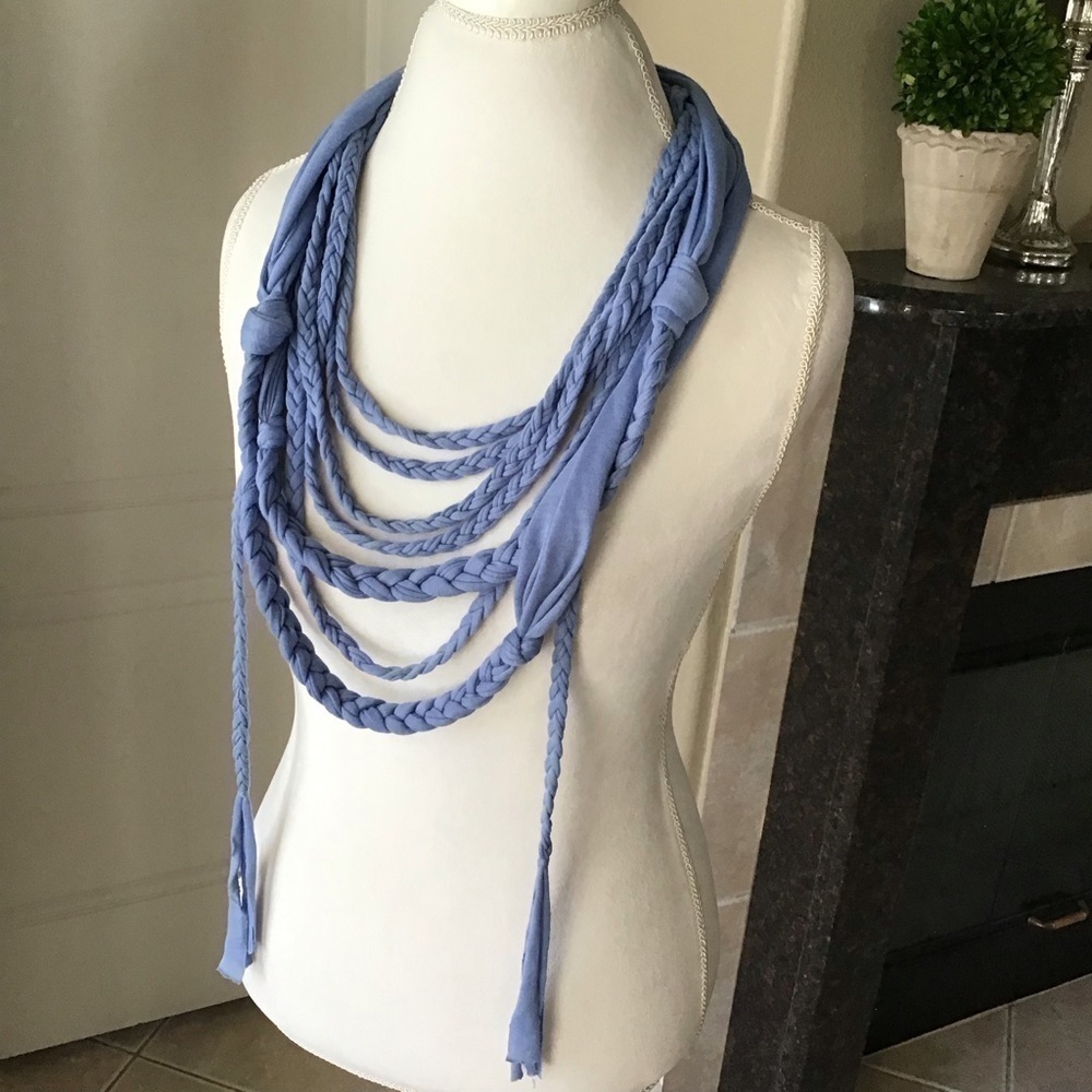 NEW Scarf Necklace Blue Multi Loop Braid Tassel Knot Multi Loop SOFT Knit Boho - Picture 4 of 9